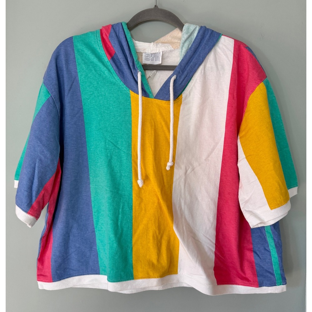 90s Vintage Colorblock Striped Short Sleeve‎ Cotton Hoodie Large Unisex Colorful